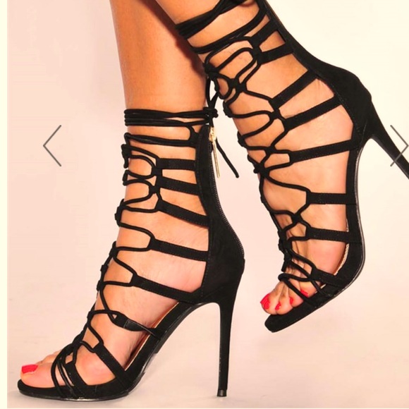 Black Faux Suede Crisscross Lace Up High Heels - Picture 2 of 9
